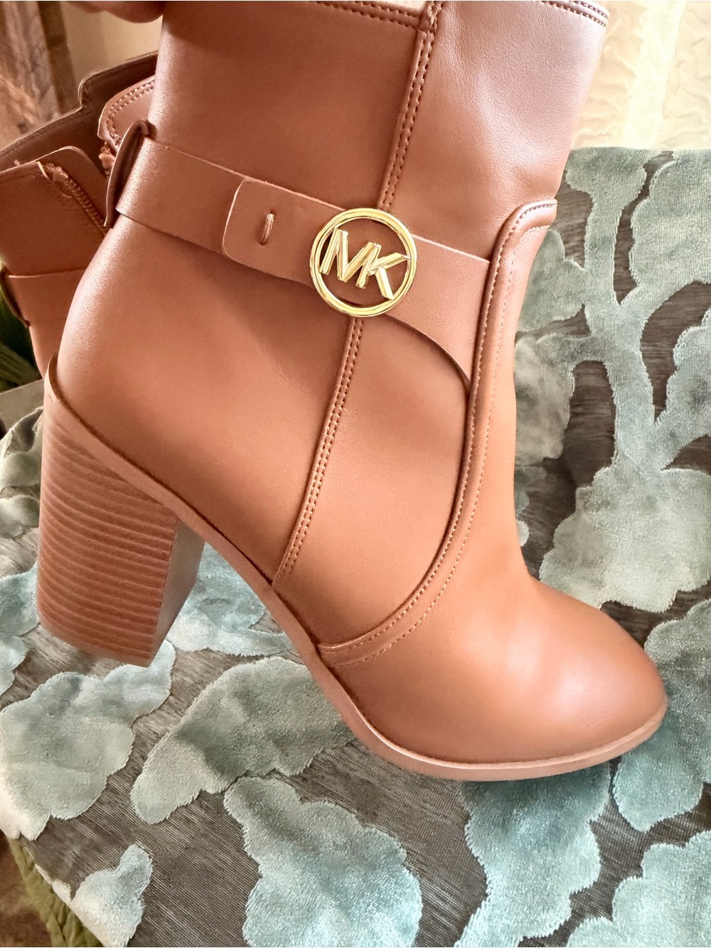 Michael Kors Cognac Leather Mid-Calf Block Heel Boots